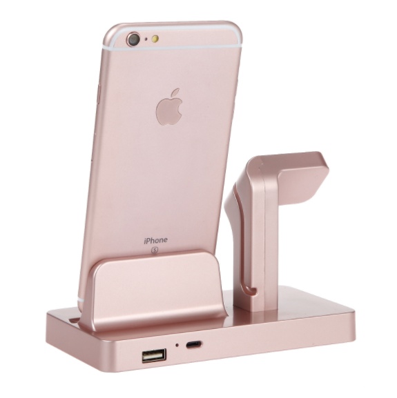 متوافق مع أجهزة Apple، قاعدة شحن 2 في 1، حامل هاتف مكتبي، متوافق مع iPhone X و8 و7 Plus و6S و5 و5S وSE وiPhone Watch I وII وIII، حامل شاحن - الصورة 3