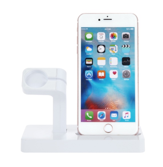 متوافق مع أجهزة Apple، قاعدة شحن 2 في 1، حامل هاتف مكتبي، متوافق مع iPhone X و8 و7 Plus و6S و5 و5S وSE وiPhone Watch I وII وIII، حامل شاحن - الصورة 2