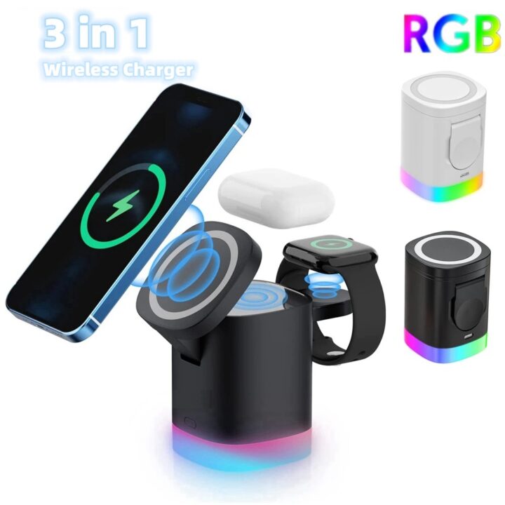 شاحن لاسلكي مغناطيسي سريع 3 في 1 للهواتف الذكية، محطة شحن بإضاءة محيطية RGB لسماعات AirPods وساعة Apple Watch