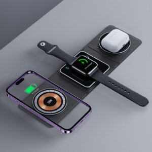 محطة شحن لاسلكي مغناطيسية قابلة للطي 3 في 1 لأجهزة iPhone (بتصميم شفاف) مع شحن سريع لـ Apple Watch وAirPods.