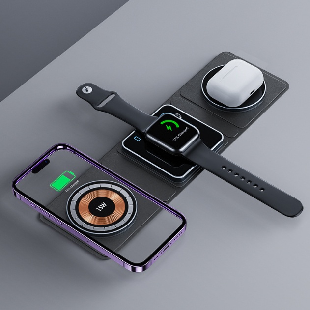 محطة شحن لاسلكي مغناطيسية قابلة للطي 3 في 1 لأجهزة iPhone (بتصميم شفاف) مع شحن سريع لـ Apple Watch وAirPods.